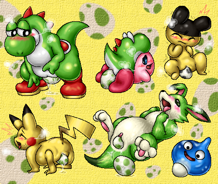 Bomberman Dragon_Quest_(series) Kirby Kirby_(series) Louie Mametchi Pikachu Porkyman Rule_63 Super_Mario_Bros. Tamagotchi Yoshi crossover kurobedamu rooey slime