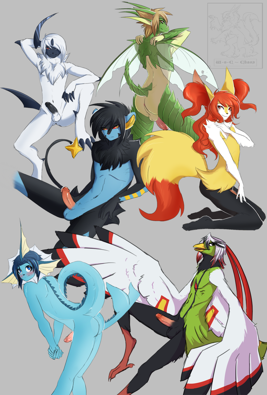 Absol Braixen Luxray Porkyman Scyther Vaporeon Wing-of-Chaos Xatu