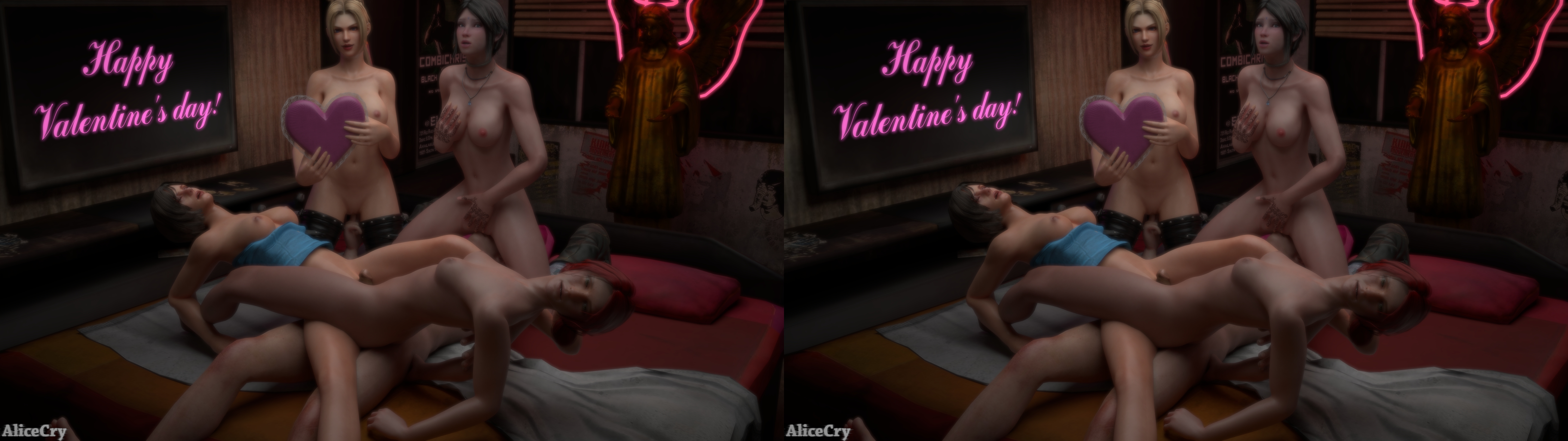 Devil_May_Cry Jill_Valentine Kat Ninja_Gaiden Rachel Resident_Evil The_Witcher The_Witcher_3 Triss_Merigold Valentine's_Day crossover stereogram