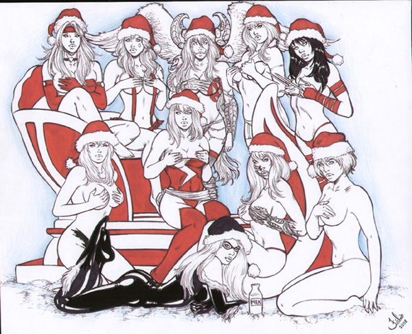 Aphrodite_IX Battle_Chasers Black_Cat Carol_Danvers Christmas Daredevil_(series) Elektra Emma_Frost Fabio Felicia_Hardy Jean_Grey Marvel Ms._Marvel Phoenix Red_Monika Sara_Pezzini Spider-Man_(series) White_Queen Witchblade X-Men crossover tagme