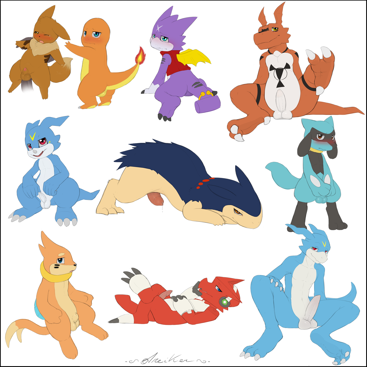 Buizel Charmander Digimon Dreiker Eevee Flamedramon Guilmon Gumdramon Porkyman Riolu Shoutmon Typhlosion crossover