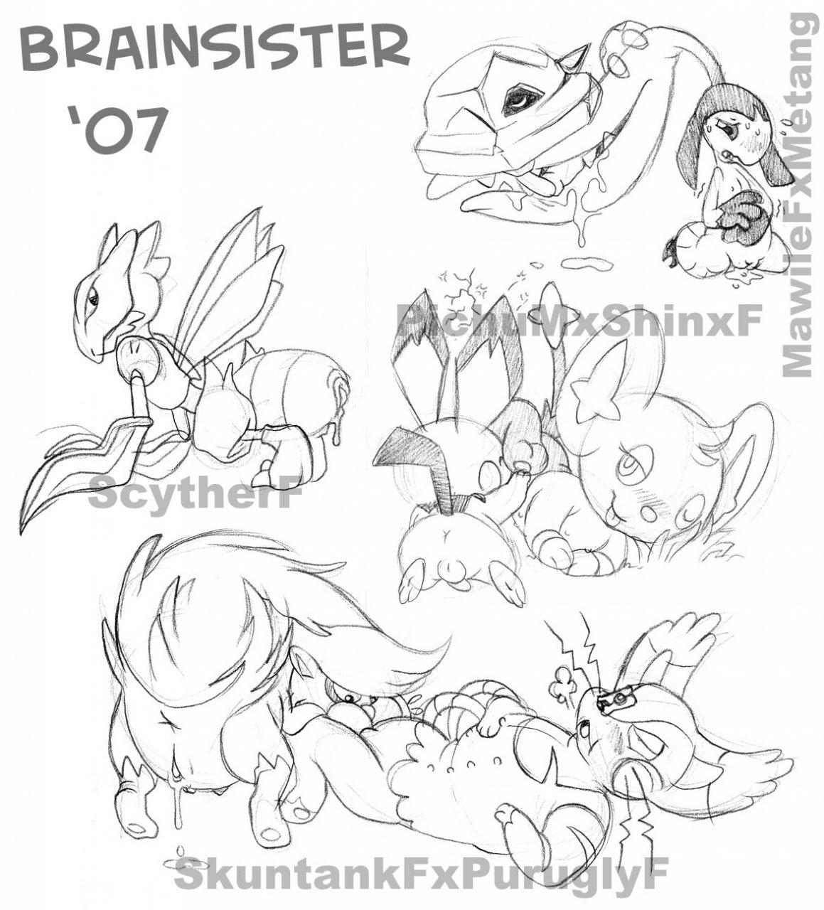 Brainsister Mawile Metang Pichu Porkyman Purugly Scyther Shinx Skuntank