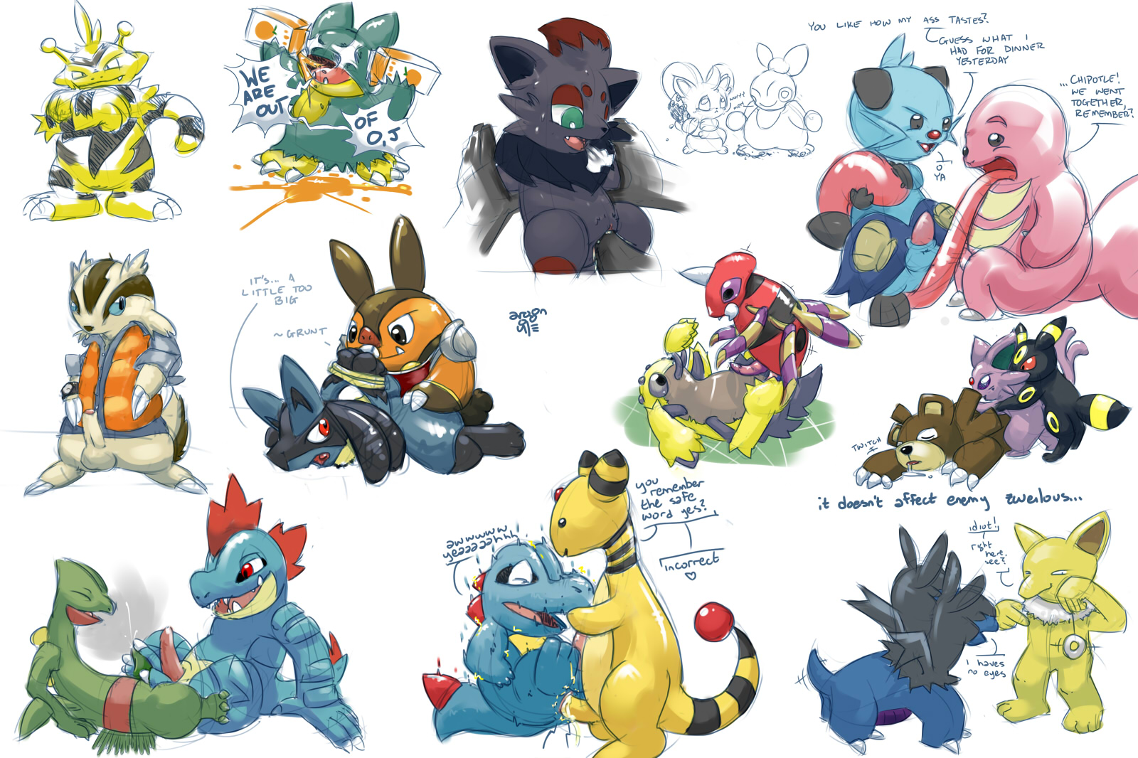 Ampharos ArgonVile Ariados Dewott Electabuzz Espeon Feraligatr Galvantula Lickitung Linoone Lucario Munchlax Pignite Porkyman Sceptile Totodile Umbreon Ursaring Zorua Zweilous