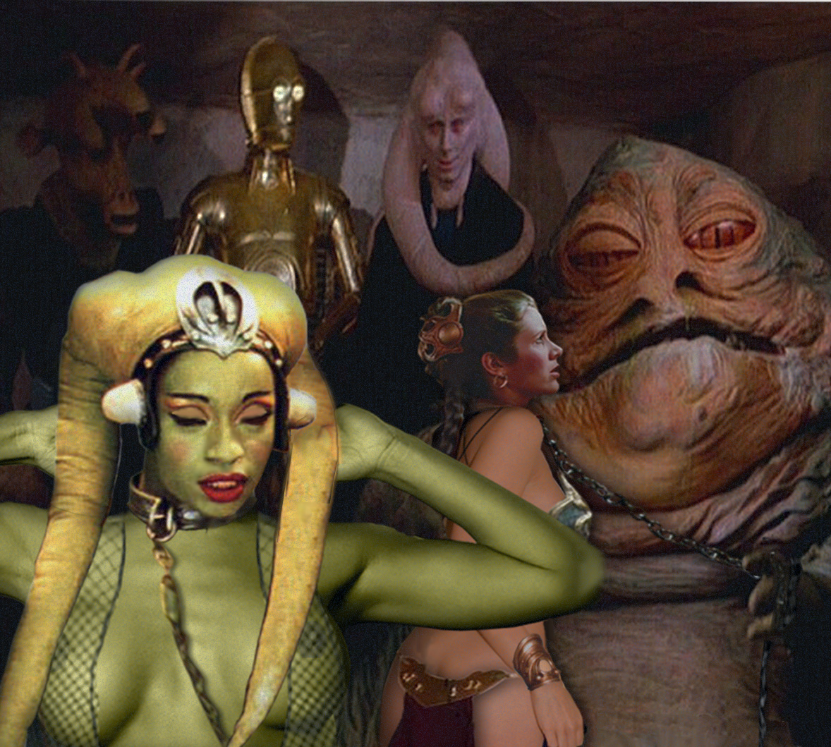 Bib_Fortuna C-3PO Carrie_Fisher Femi_Taylor Hutt Jabba_the_Hutt Oola Princess_Leia_Organa Return_of_the_Jedi Star_Wars Twi'lek demogoron fakes