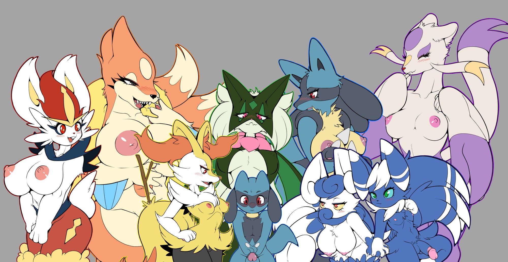 Braixen Cinderace Floatzel Lucario Meowscarada Meowstic Mienshao Porkyman Riolu tod_d