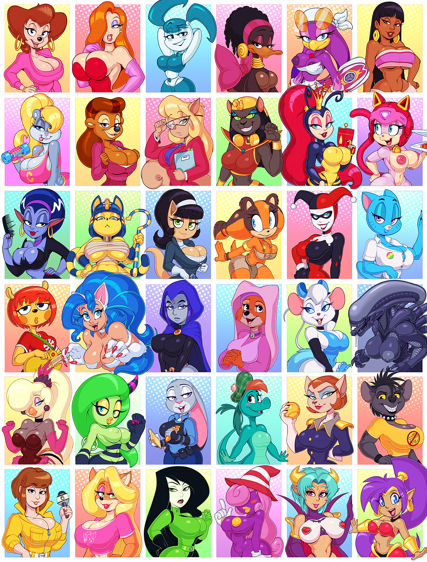 Aladdin_(series) Alfred_J._Kwak Alien Animal_Crossing Ankha April_O'Neil Batman_(series) Berri Callie_Briggs Captain_Amelia Chel Conker's_Bad_Fur_Day Crash_Bandicoot_(series) DC Darkstalkers Deadly_Six Earthworm_Jim_(series) Felicia Goldie_Pheasant Goof_Troop Harley_Quinn Jenny_Wakeman Jessica_Rabbit Judy_Hopps Kim_Possible Kitty_Katswell Lammy_Lamb Maid_Marian Mirage Miss_Kitty_Mouse My_Life_as_a_Teenage_Robot Nessie Nicole_Watterson Paper_Mario Parappa_the_Rapper Peg_Pete Polly_Esther Princess_Whats-Her-Name Raven Rebecca_Cunningham Robin_Hood Rock-A-Doodle Samurai_Pizza_Cats Shadow_Siren Shantae Shantae_(series) Shego Shenzi Sonic_Lost_World Sonic_the_Hedgehog_(series) Sticks_the_Badger Super_Mario_Bros. Swat_Kats T.U.F.F._Puppy TMNT_1987 TaleSpin Tawna_Bandicoot Teen_Titans Teenage_Mutant_Ninja_Turtles The_Amazing_World_of_Gumball The_Ballad_of_Nessie The_Great_Mouse_Detective The_Lion_King The_Road_to_El_Dorado Treasure_Planet Um_Jammer_Lammy Vivian Wave_the_Swallow Who_Framed_Roger_Rabbit Winnie_Wana Xenomorph Zeena Zootopia crossover daxzor