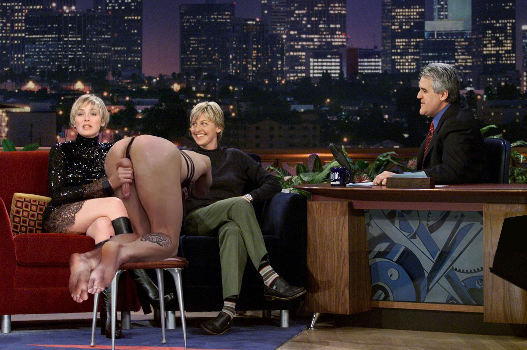 Post 5060741 Ellen Degeneres Fakes Jay Leno Sharon Stone The Tonight Show