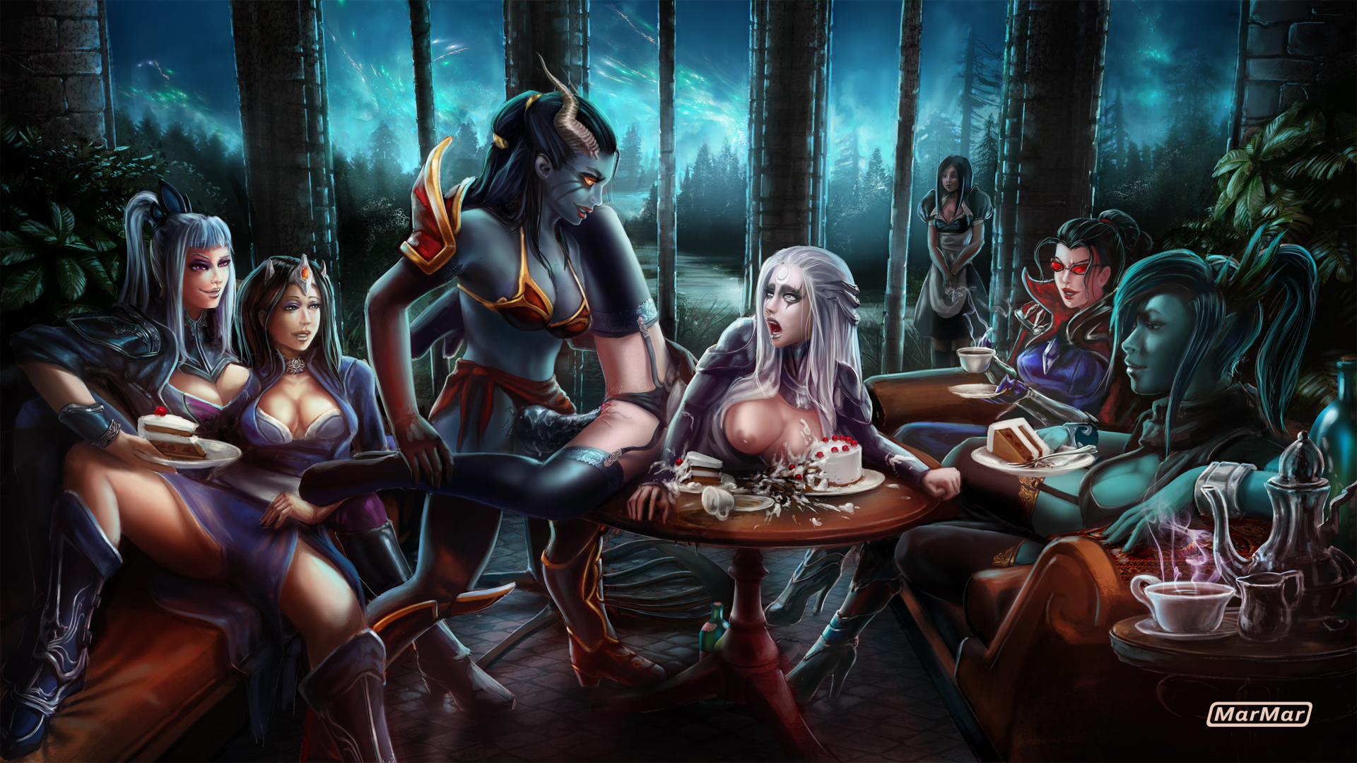 Post 1742115: Akasha_the_Queen_of_Pain crossover Diana Dota DOTA_2  League_of_Legends Luna_the_Moon_Rider Marmar Mirana  Mortred_the_Phantom_Assassin Vayne