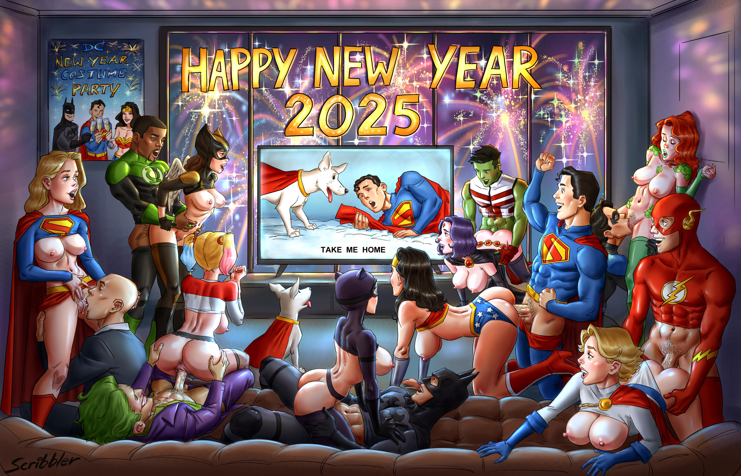 Batman Beast_Boy Catwoman DC Dick_Grayson Flash Green_Lantern Harley_Quinn Hawkgirl John_Stewart Joker Krypto_the_Superdog Lex_Luthor New_Year Nightwing Power_Girl Raven Scribbler Supergirl Superman Wonder_Woman cosplay